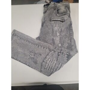 Focus Jeans Mens 42x32 Gray‎ Acid Wash Moto Biker Distressed Slim Fit Denim